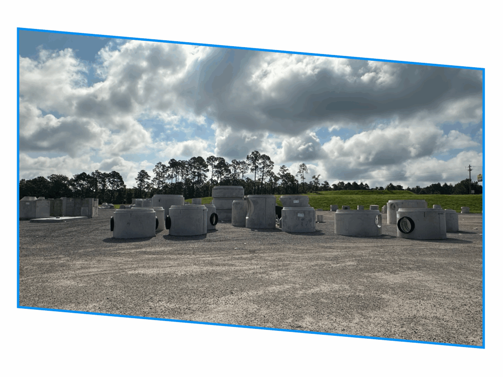 Large concrete pipes and structures are placed on a gravel lot under a partly cloudy sky.